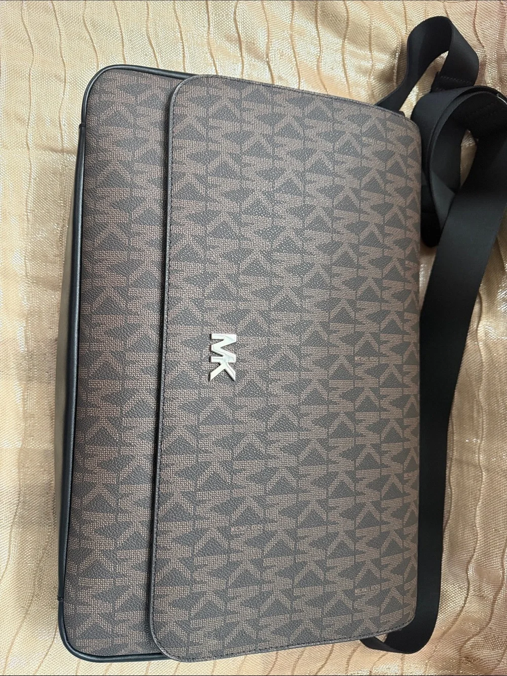 Michael Kors Brown MK Signature Canvas Messenger Bag with Black Strap